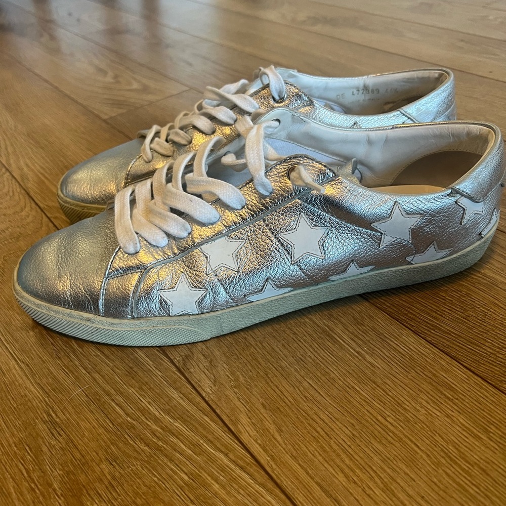 Saint Laurent Paris Silver Leather Star Alpha Low Top Sneakers